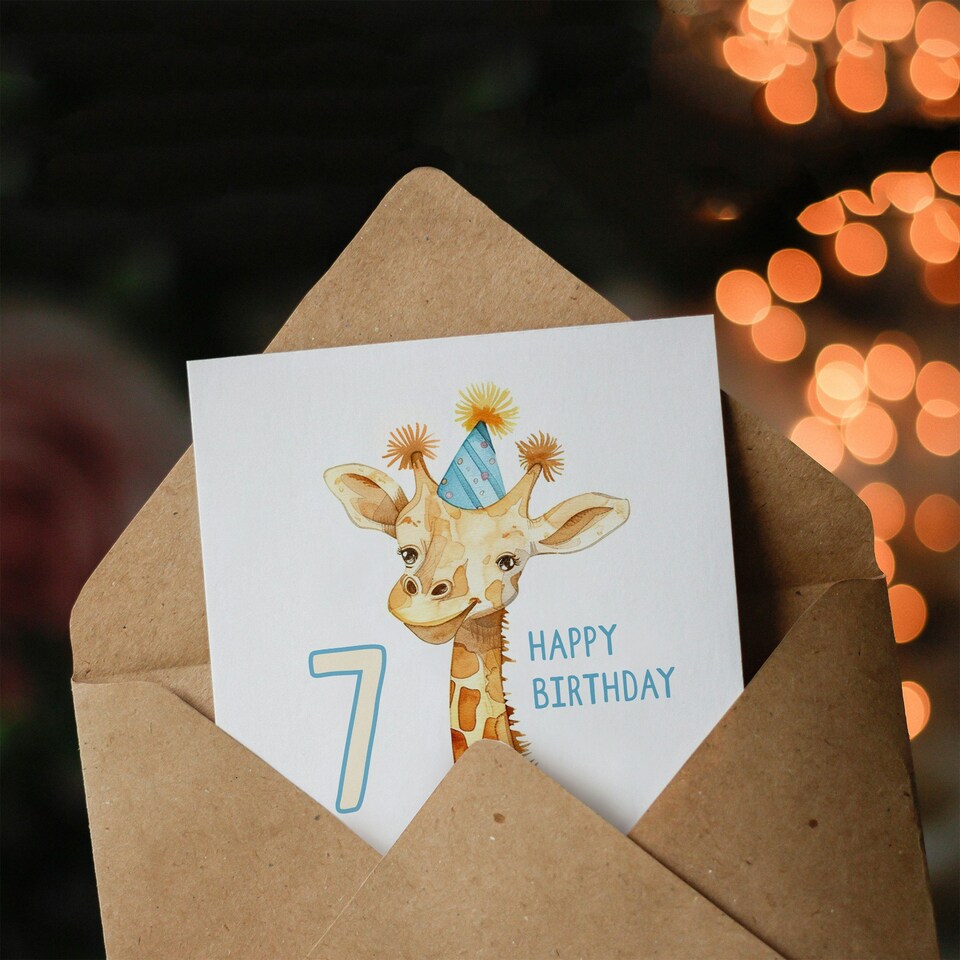 image 1 of Cute Party Hat Cartoon Fun Age 7 Year Old Child Kids 7th Birthday Card
