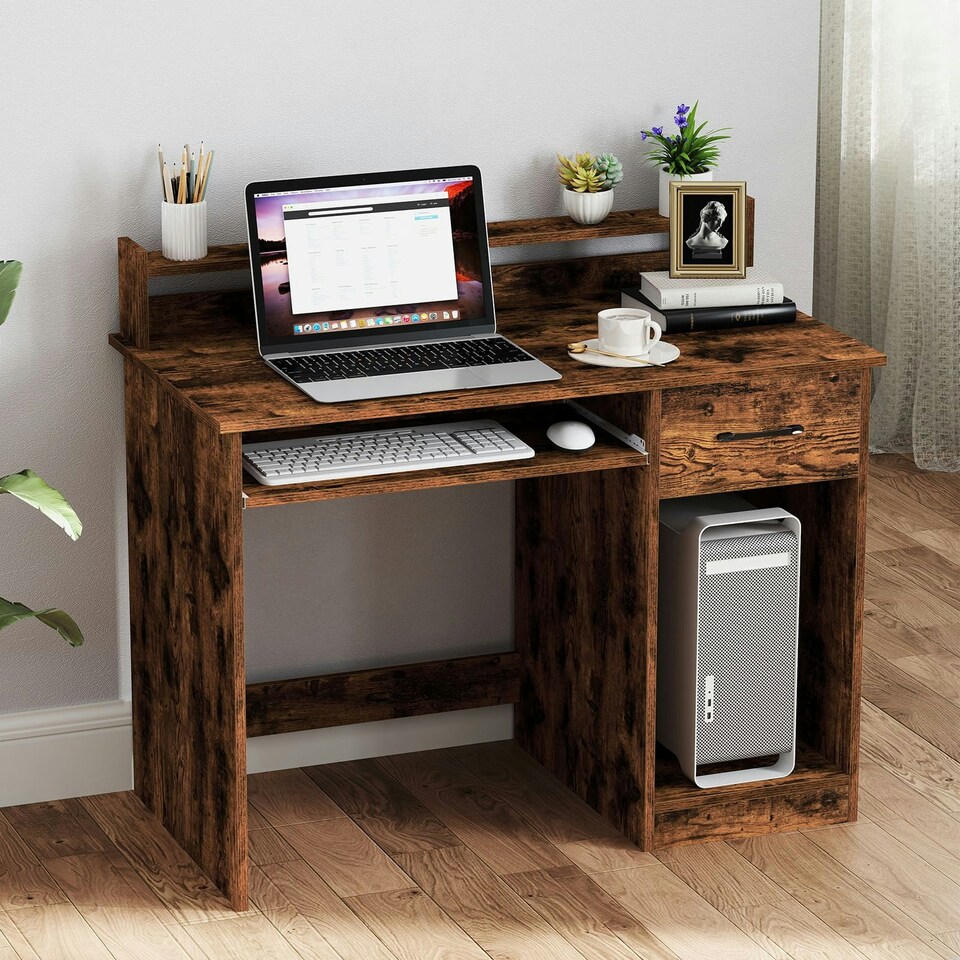 image 1 of COSTWAY Computer Desk Workstation w/Display Shelf Brown