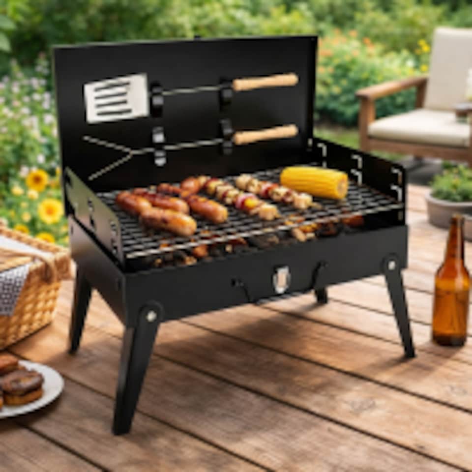image 1 of Folding Charcoal BBQ Grill with Accessories Outdoor Portable
