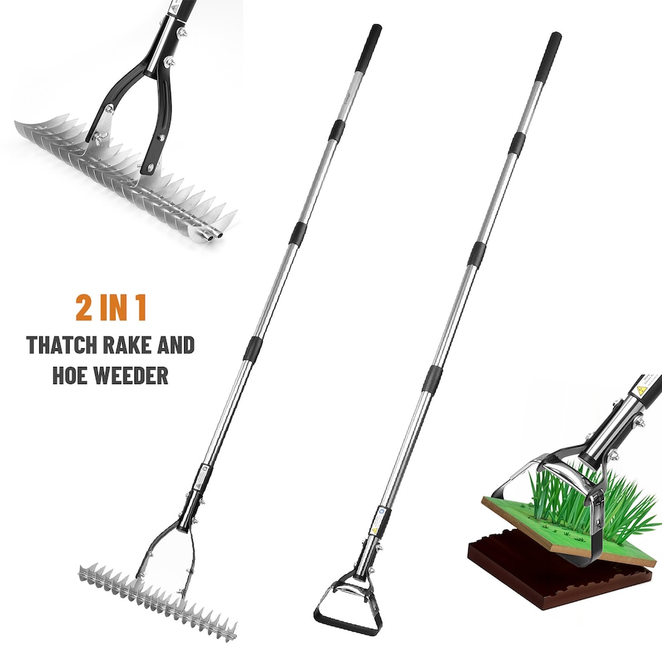 image 1 of 2 in 1 Garden Long Handle Thatch Rake/Oscillating Stirrup Hoe Weeder Lawn Rake