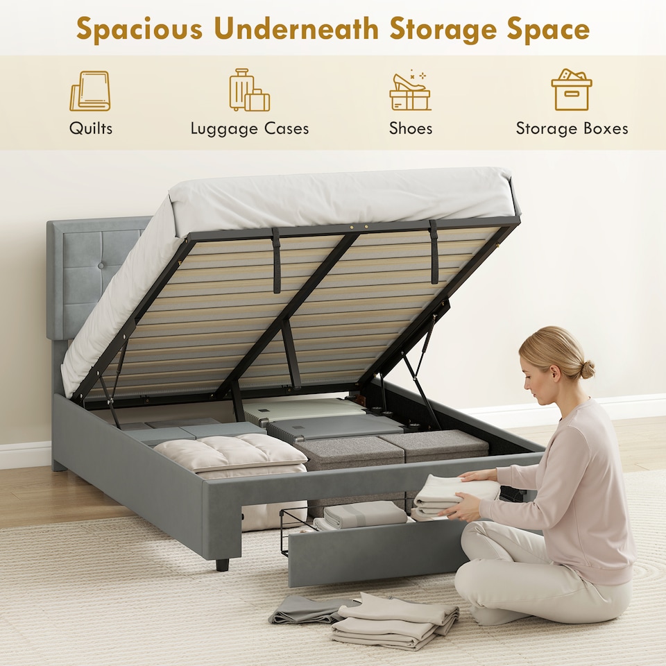 image 1 of HOMCOM Upholstered Ottoman Bed with Storage Drawer and Adjustable Headboard, 4ft6 Double Size Bed Frame with Gas Lift End Opening, Wooden Slats, No Mattress, Grey