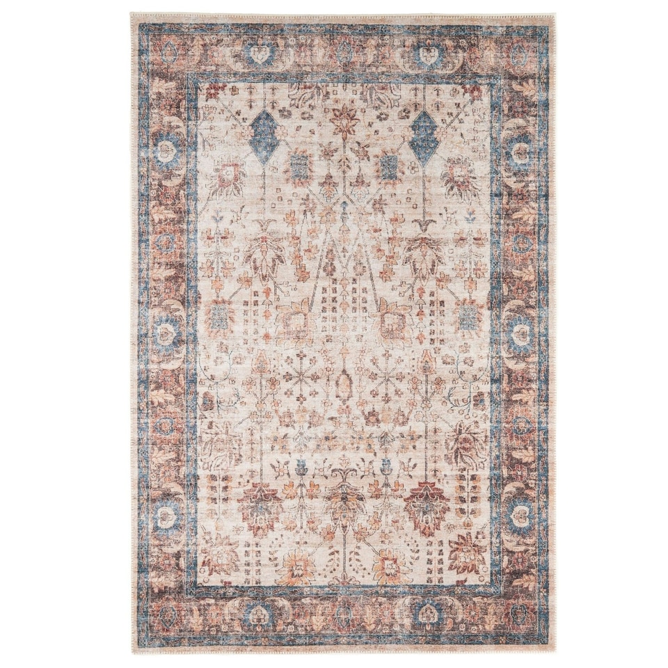 image 1 of KUKOON Blue Beige Traditional Floral Bordered Non Slip Washable Low Pile Rug 240cm x 330cm Multi