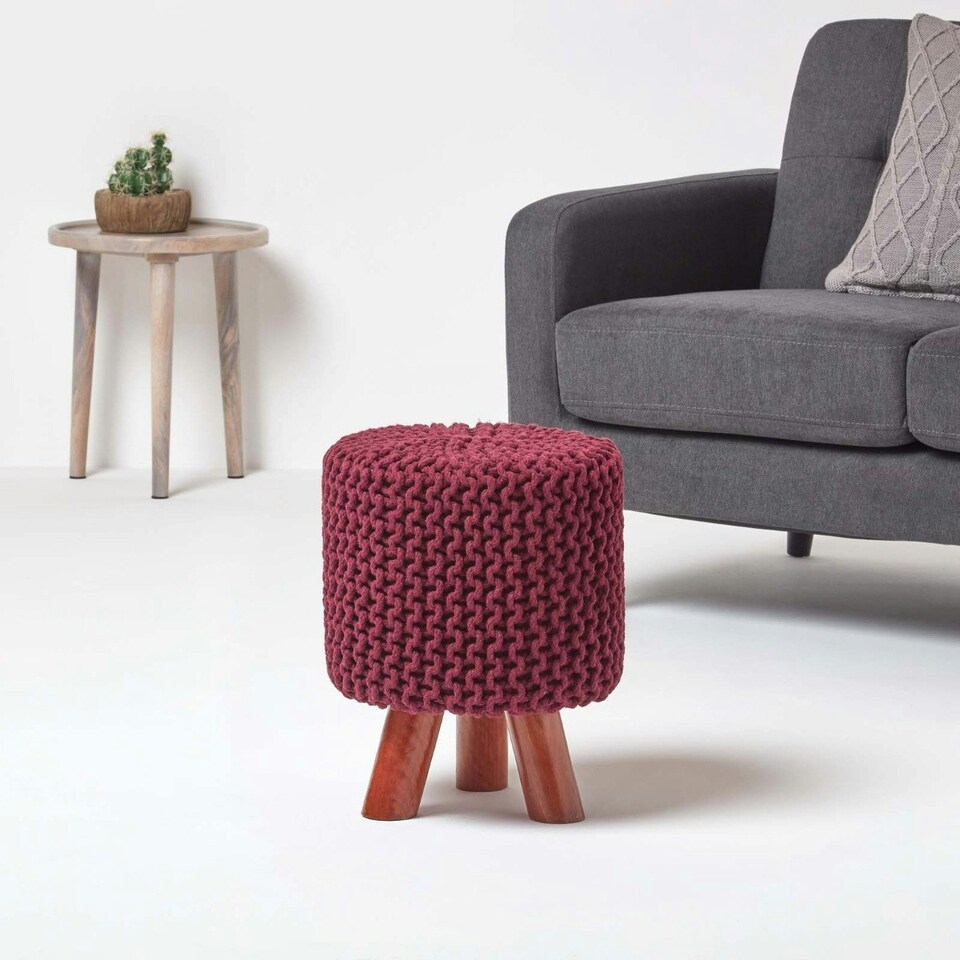 image 1 of Homescapes Plum Tall Cotton Knitted Footstool on Legs