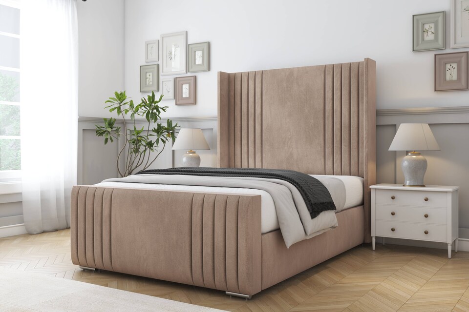 image 1 of Sloomy Camden Mink Naples Bed Frame With Mattress With 50"  Upholstered Wingback Headboard 4'6 Double