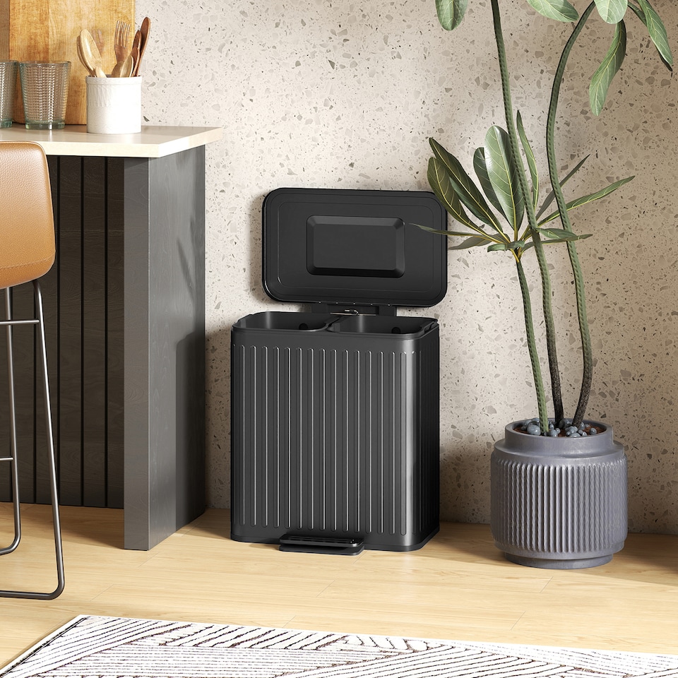 image 1 of HOMCOM Dual Kitchen Bin, 2 x 20L Double Bin for Recycling and Waste, Fingerprint-proof Pedal Bin with Soft-Close Lid, Removable Inner Buckets, Black | Black | 1