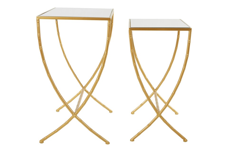 image 1 of Set Of 2 Bamboo Design Side Tables,Rectangular Nesting Table,Luxe Gold Finish Bedside Table,Accent Tables | Gold