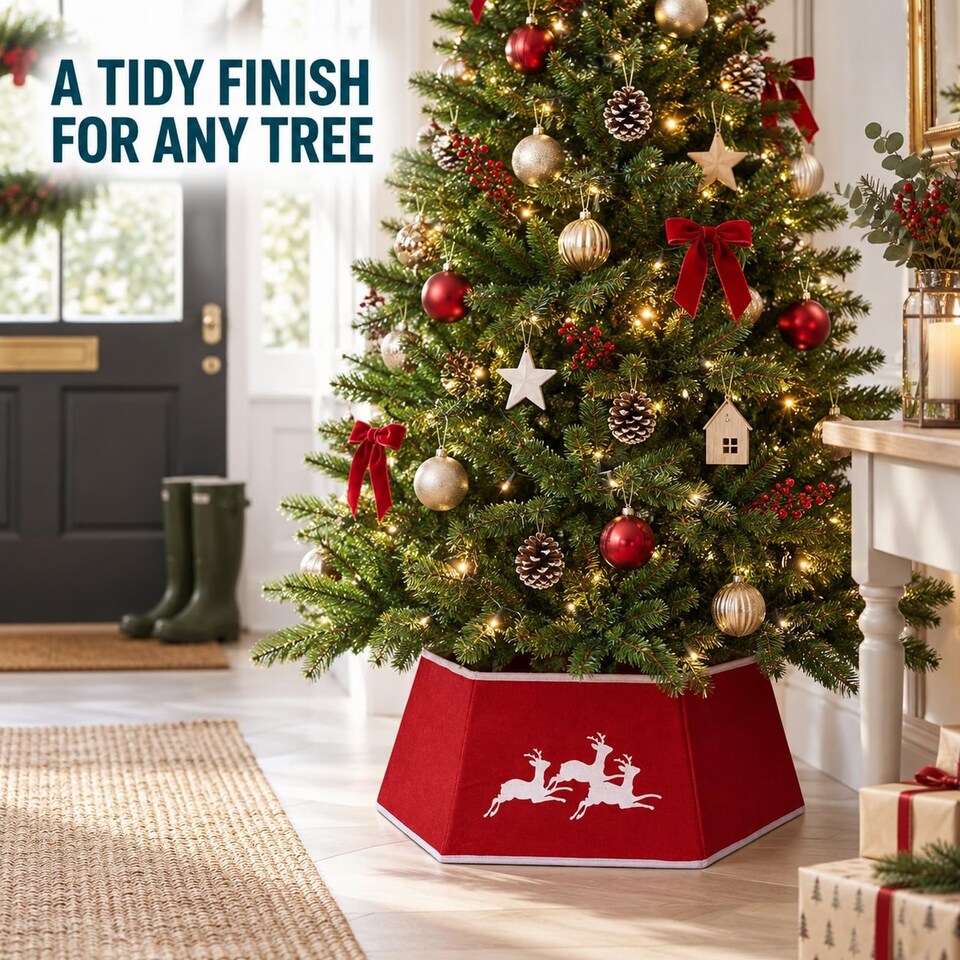 image 1 of 26.8 Inch Hexagonal Fabric Christmas Tree Collar Foldable Red Burlap Cover for Tree Stands