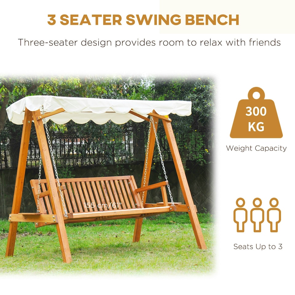 image 1 of Outsunny Swing Chair 3 Seater Swinging Wooden Hammock Garden Seat Outdoor Canopy