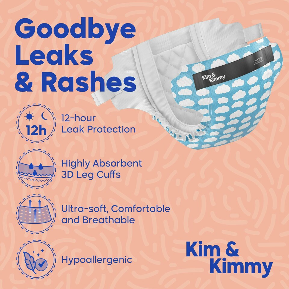 image 1 of Kim & Kimmy Nappies, Size 2, 4-8kg, 72 Pack, Little Clouds
