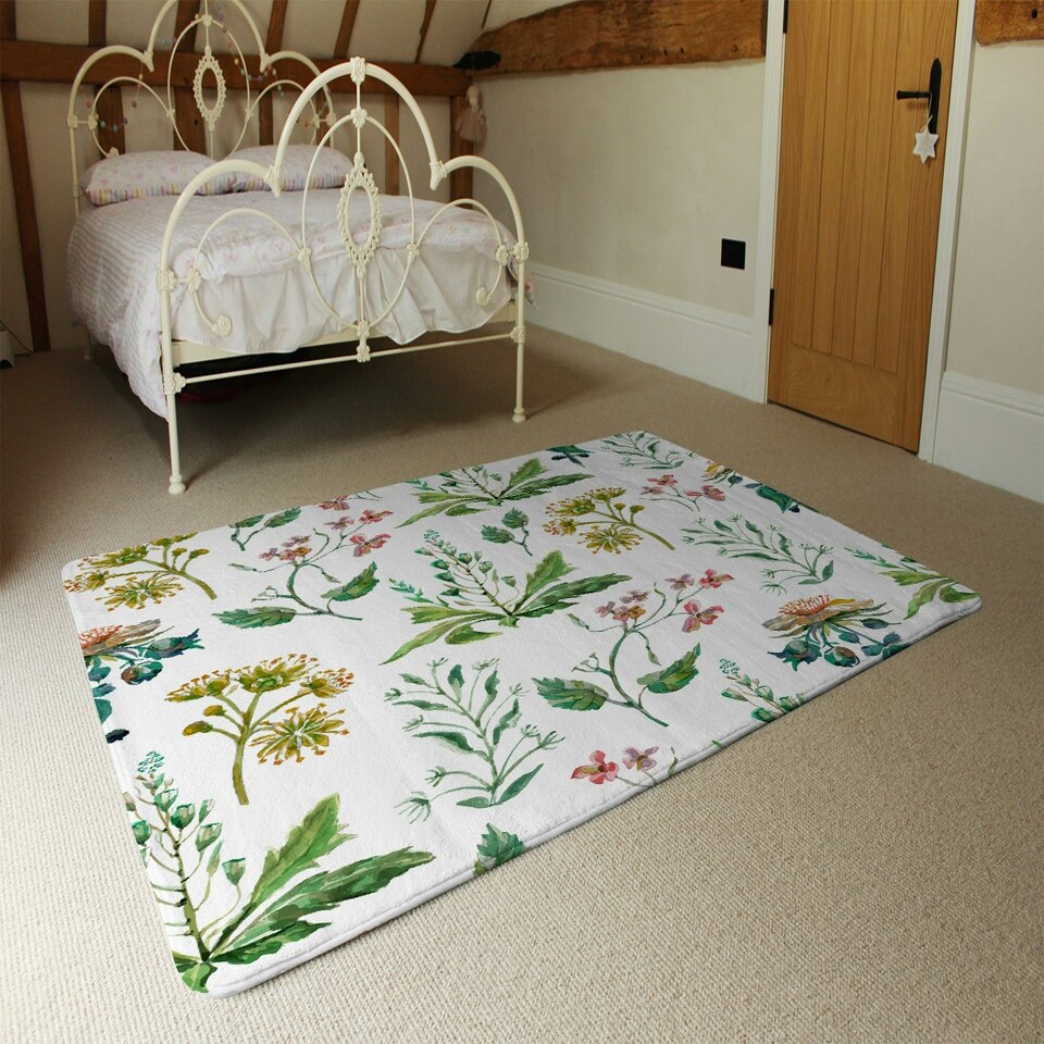 image 1 of Watercolour Leaves & Flowers (Rug) Green | Medium: 80x150cm