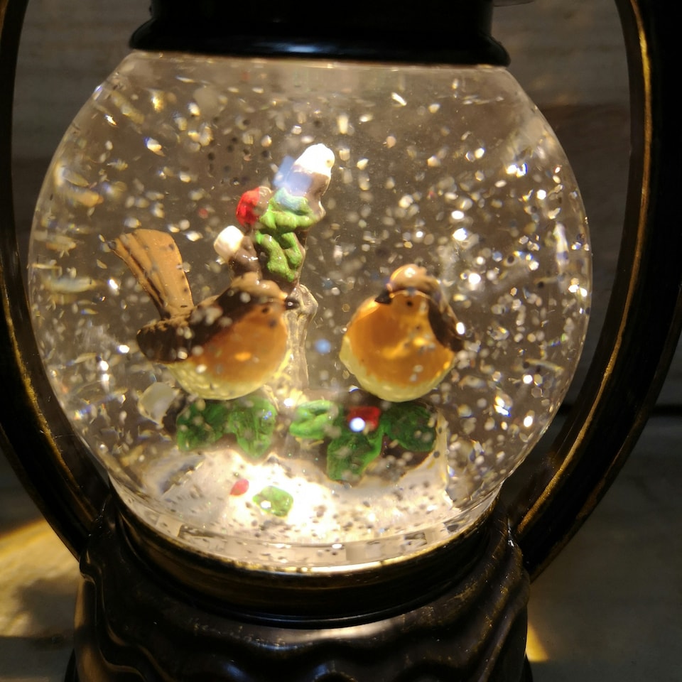image 1 of 27cm Snowtime Christmas Water Spinner Antique Effect Lantern 2 Robins Scene Dual Powered