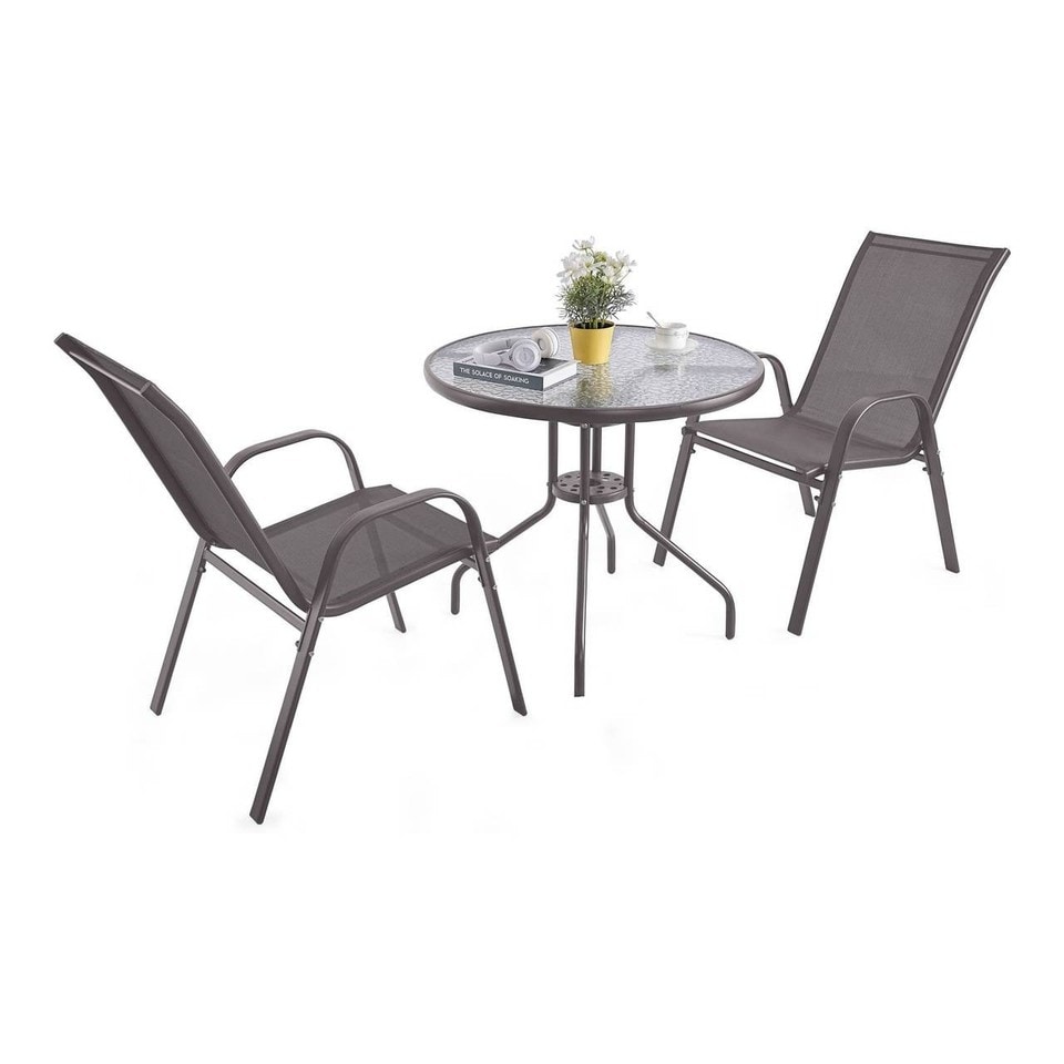 image 1 of 3 Pcs Garden Round Glass Top Table & 2 Chairs Bistro Set