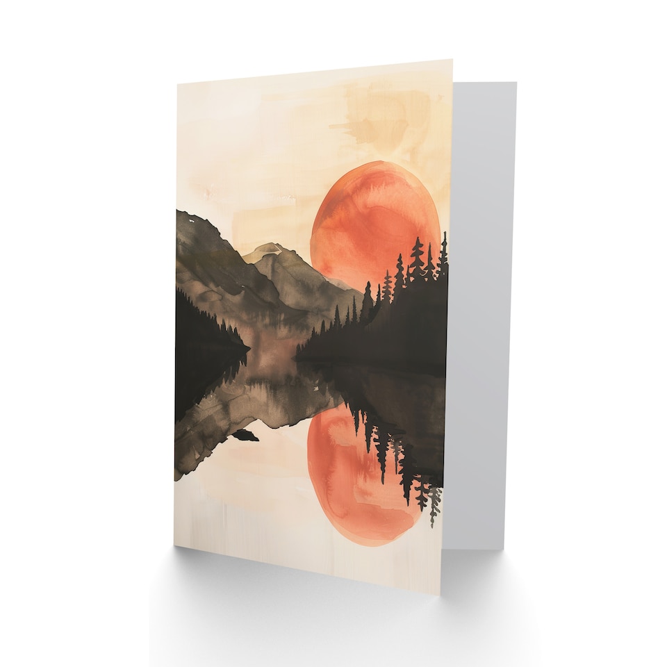 image 1 of Greeting Card Red Sun Setting Behind Lakeside Forest Mountains