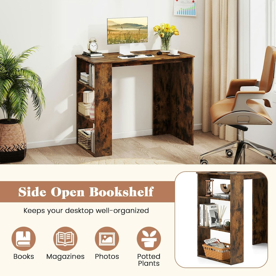image 1 of COSTWAY Computer Desk Wooden Writing Desk w/Bookshelf Brown