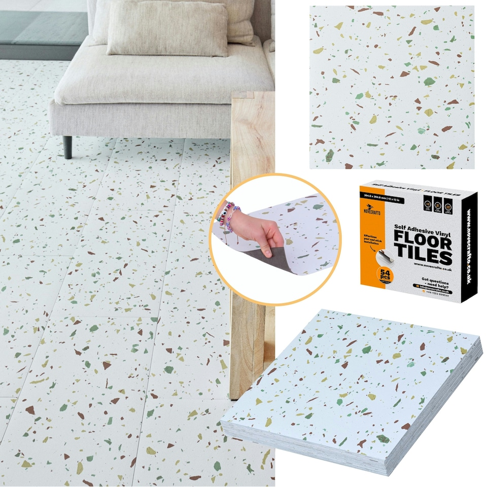 image 1 of NOVECRAFTO Vinyl Floor Tiles Self Adhesive – 12x12in Peel and Stick Flooring for Kitchen, Bathroom & Living Room – White Terrazzo Look with Flecks White | 4.65 sqm
