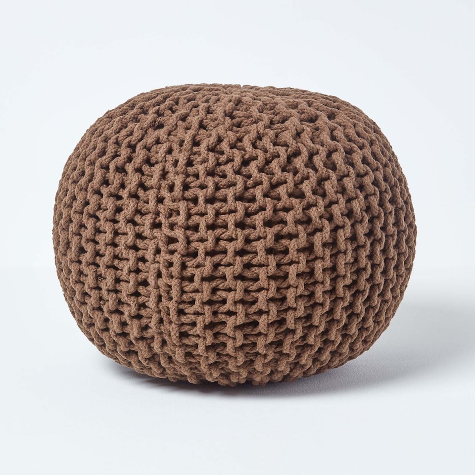 image 1 of Homescapes Chocolate Brown Round Cotton Knitted Pouffe Footstool - 35 x 40 cm | Brown | H 35cm x W 40cm