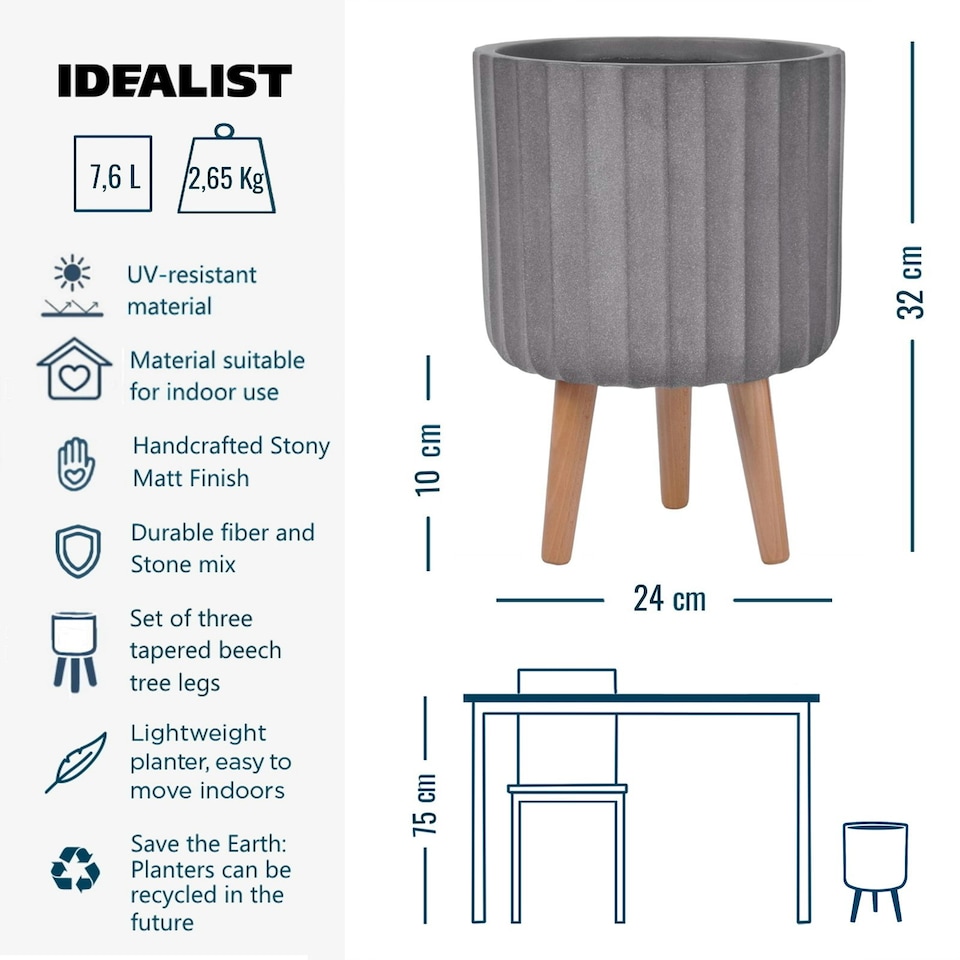 image 1 of Modern Ribbed Taupe Cylinder Planter on Legs, Round Pot Plant Stand Indoor D24 H32 cm, 7.6 ltrs Cap.