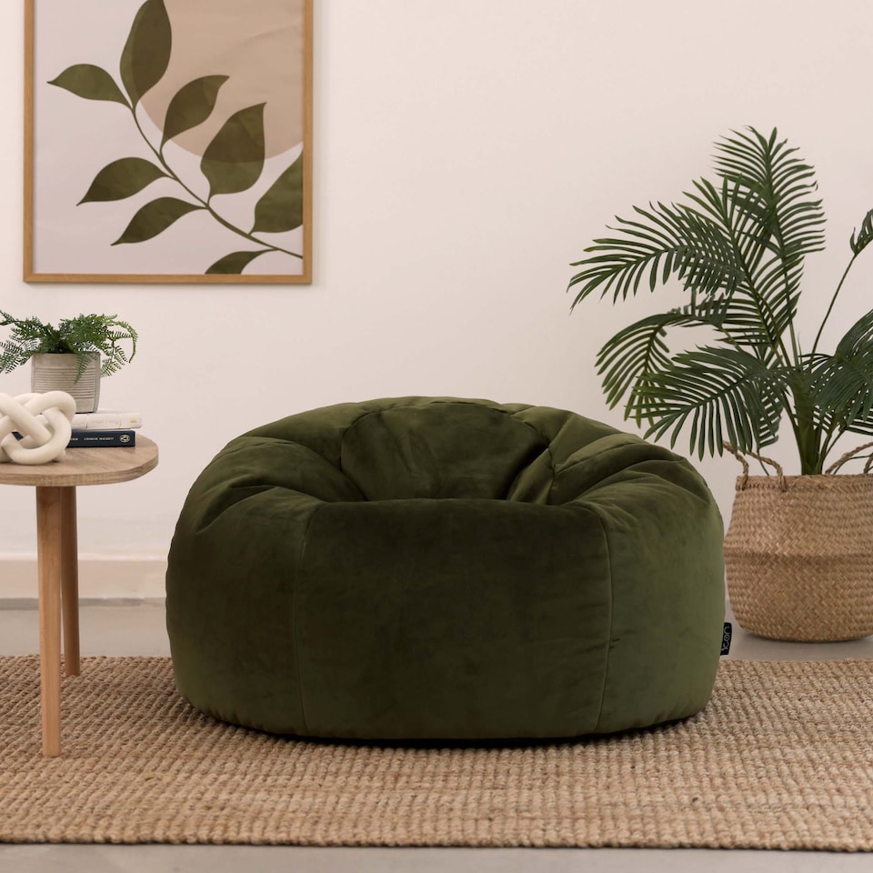 image 1 of Kingston Classic Velvet Bean Bag Chair Olive Green Bean Bags | Green | Olive Green | 1