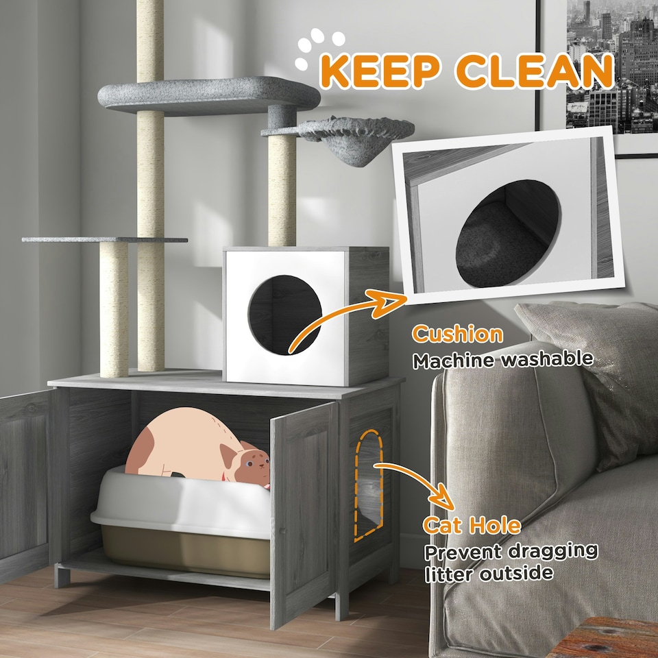 image 1 of PawHut 2-in-1 Hidden Litter Box with Floor-To-Ceiling Cat Tree, Indoor - Grey