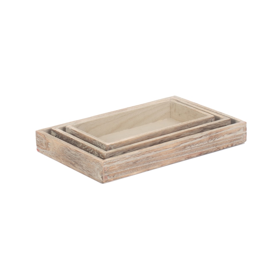 image 1 of Set of 3 Shallow Wooden Plinth Tray | Brown | Brown | Set of 3