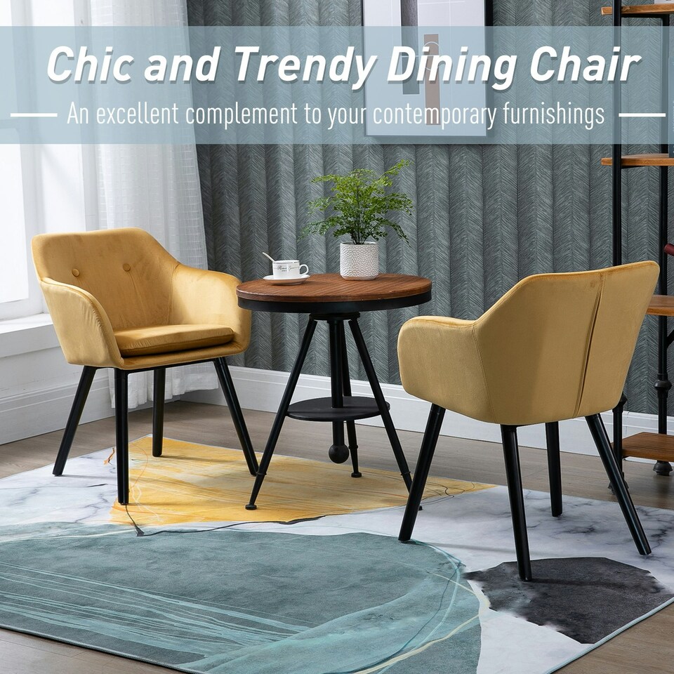 image 1 of HOMCOM Upholstered Velvet Fabric Bucket Seat Dining Armchair Set of 2 Yellow