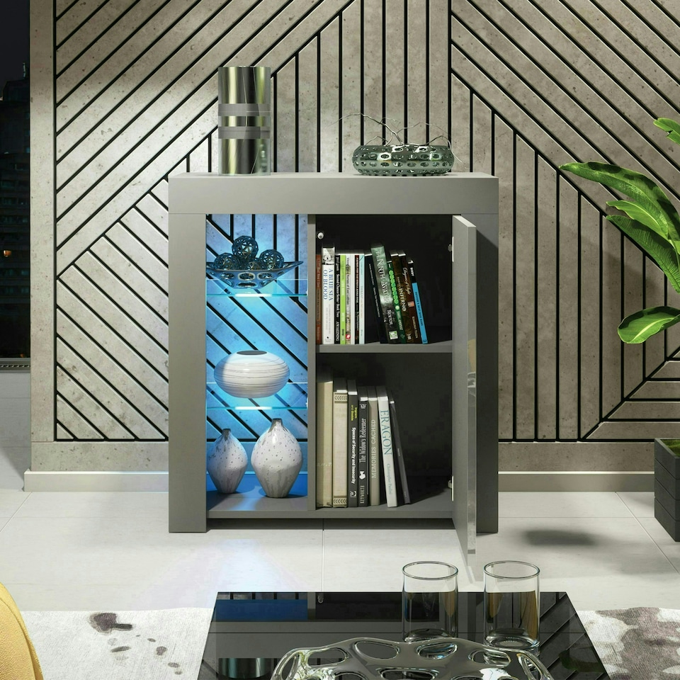 image 1 of Sideboard 75cm Grey Gloss Door Grey Matt Body Glass Shelves Free LED Grey