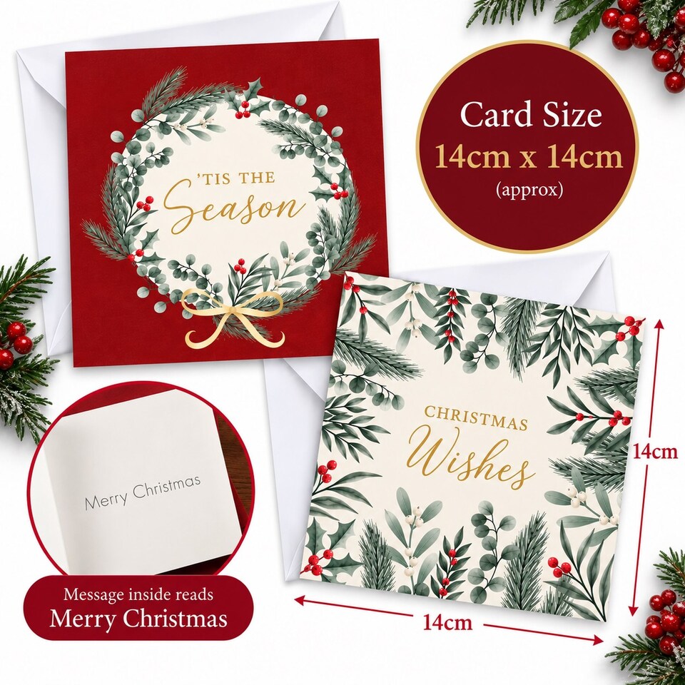 image 1 of 24 Christmas Cards With Envelopes Foliage Holly Wreath 2 Deigns