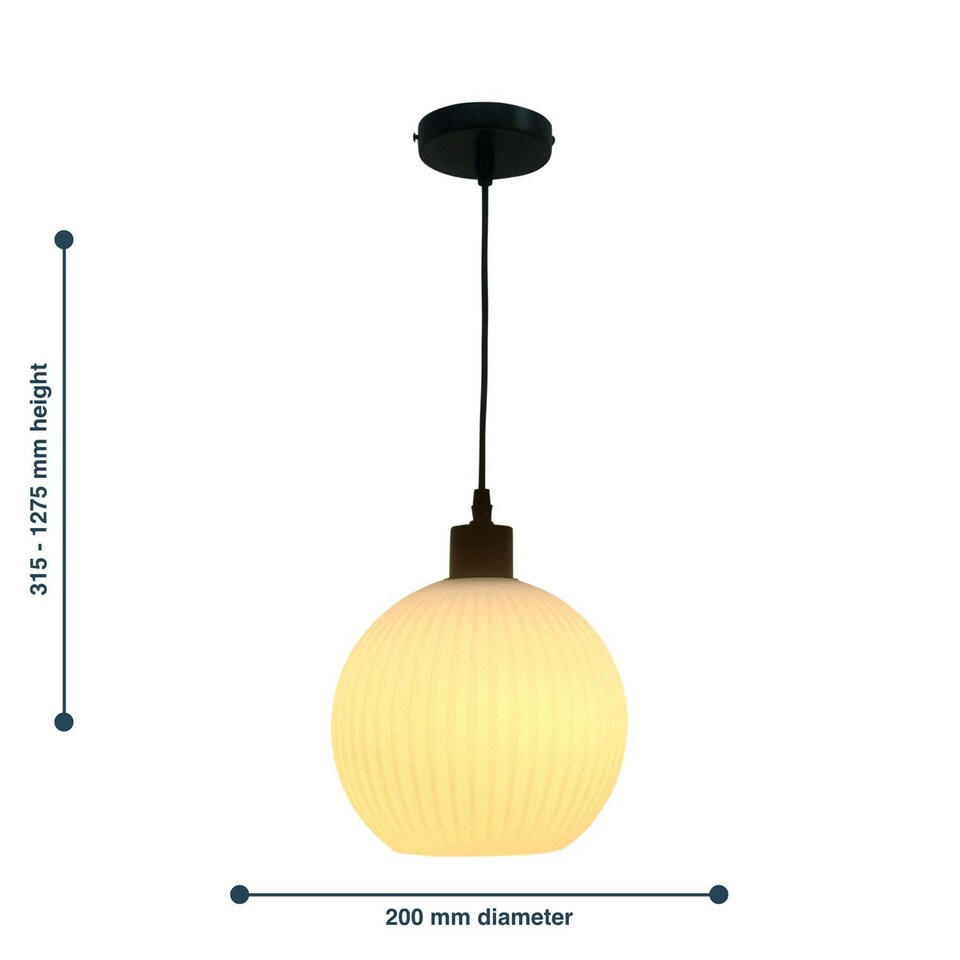 image 1 of First Choice Lighting Set of 2 Betchley White Ribbed Glass Globe with Black Pendant Fittings Black | White