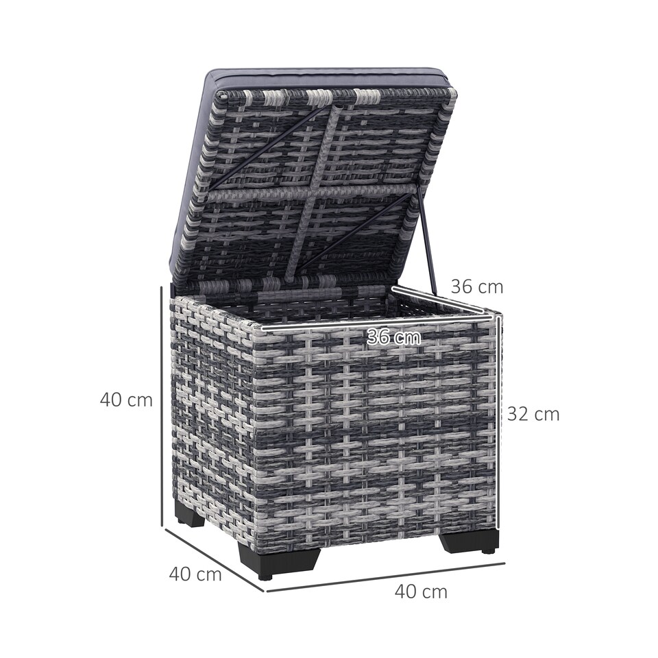 image 1 of Outsunny Set of 2 Rattan Storage Ottoman, Outdoor Footstool with Removable Cushions, Garden Storage Seat for Balcony, Porch, Living Room, Dark Grey | Grey | 40W x 40D x 40H cm | 1