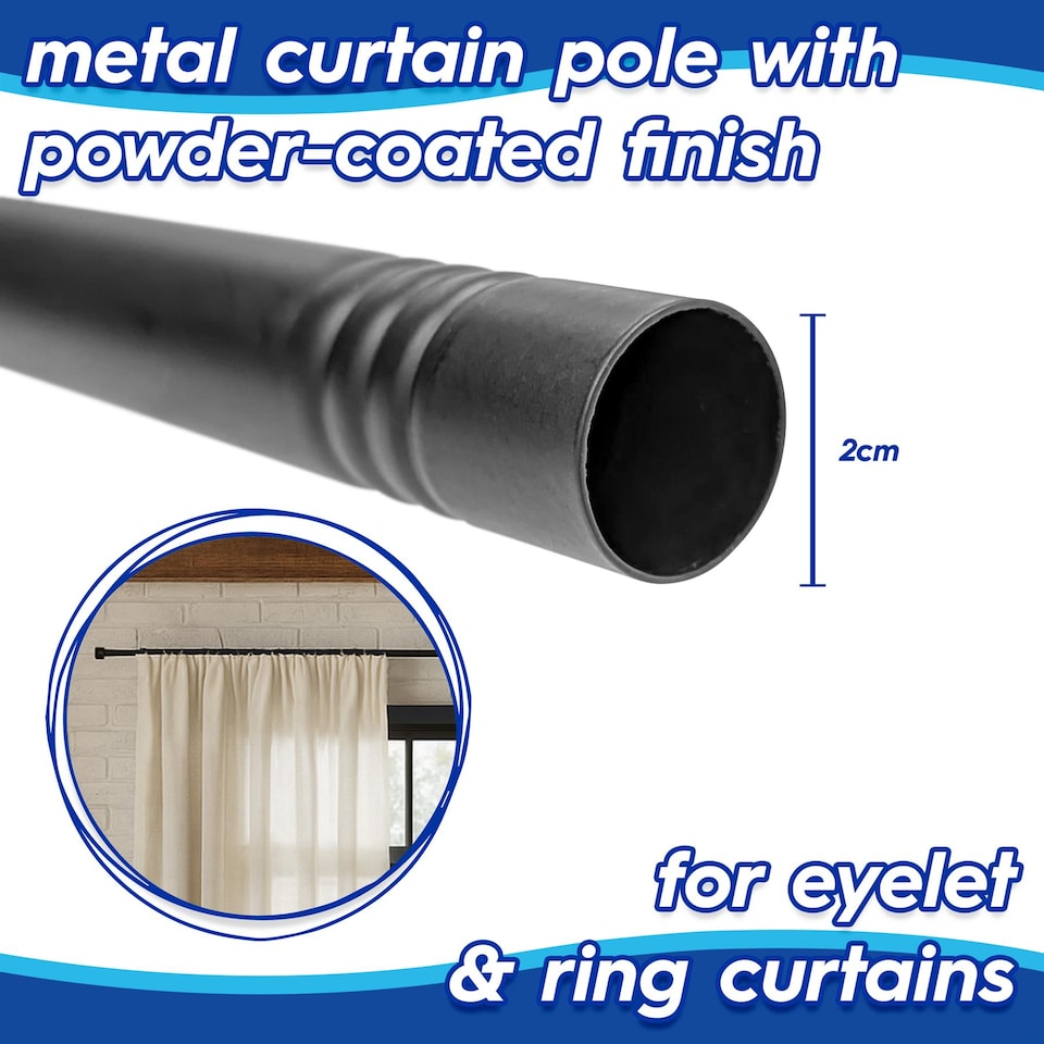 image 1 of Harbour Housewares Extendable Metal Curtain Poles Kit - 83 to 120cm - Matt Black - Pack of 2