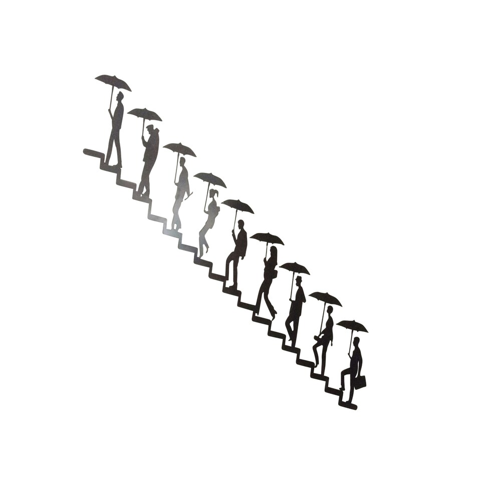 image 1 of Urban Journey Metal Wall Art | Figures Climbing Stairs with Umbrellas | Modern Silhouette Decor for Indoor & Outdoor Use Right to Left Orientation