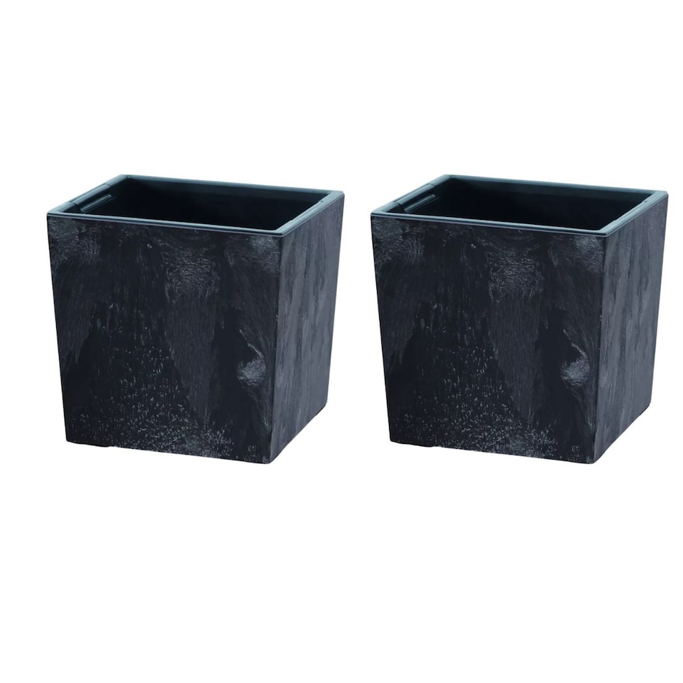 image 1 of 300mm Low Square Concrete Effect Plant Pot - 29.5x29x29 cm | Black | Black & Set of 2 | 2