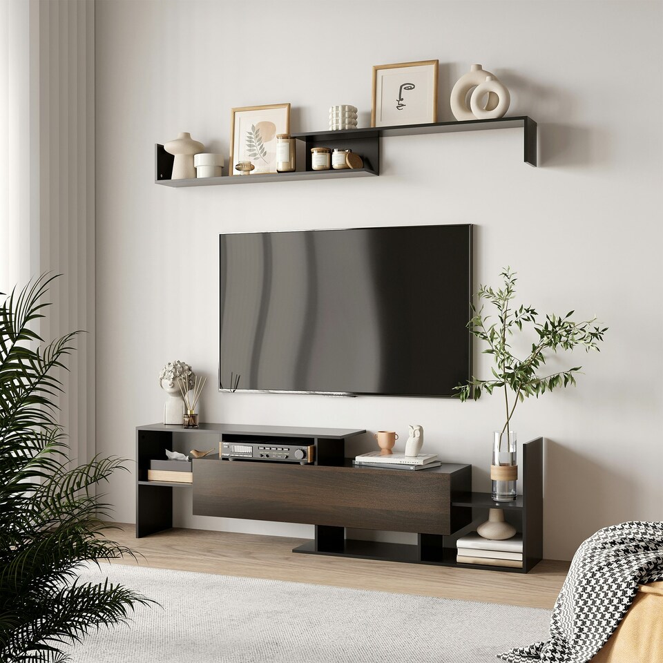 image 1 of HOMCOM TV Cabinet Unit w/ Wall-Mounted Shelf, Open Shelves Black and Brown White