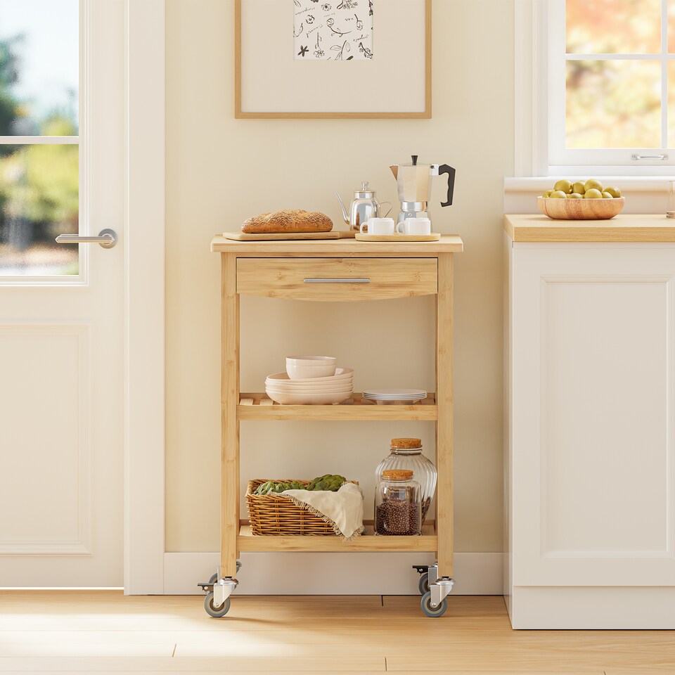 image 1 of SoBuy Kitchen Trolley with Drawer and 2 Shelves, Natural Bamboo, 22.8x15.7x33.8 in, 10.75 kg - FKW135-N