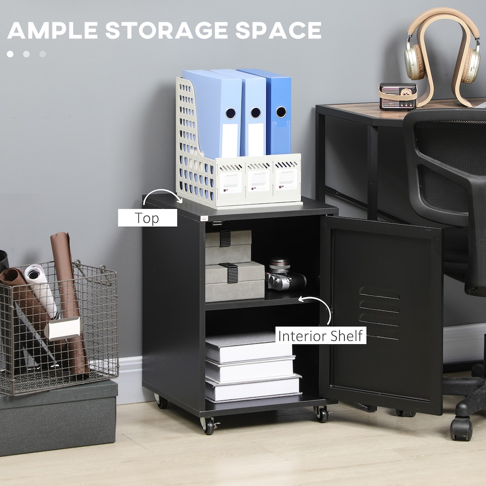 image 1 of HOMCOM Rolling Metal Filing Cabinet, Industrial Mobile Storage Cabinet with Adjustable Shelf and Wheels for Home Office Living Room, Black