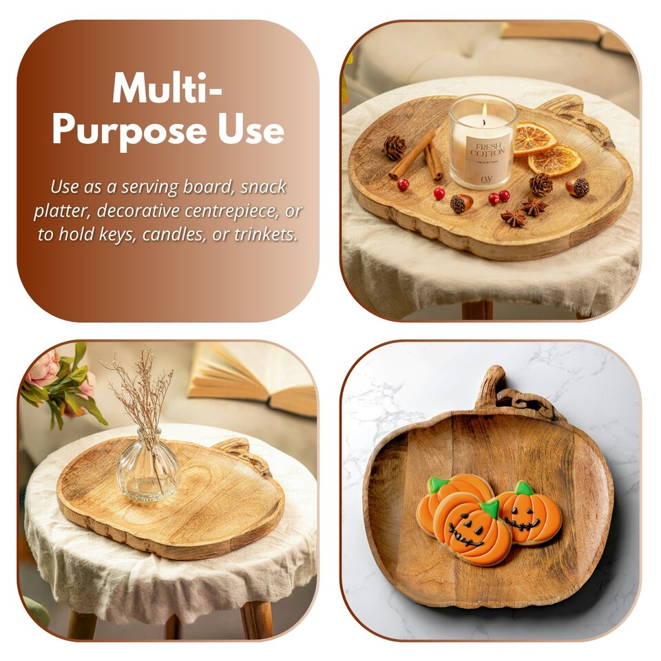 image 1 of Marco Paul Wooden Pumpkin Decorative Tray 30cm Autumn Centrepiece Brown