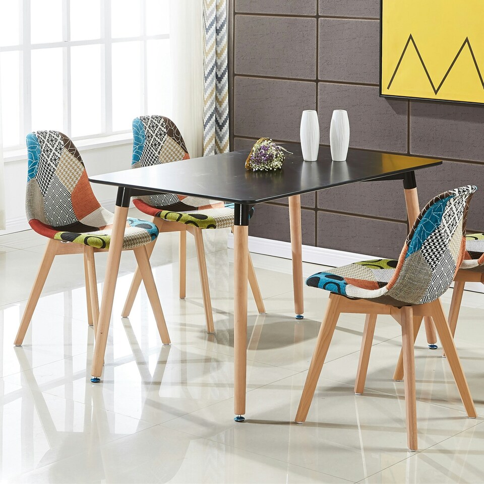 image 1 of Single Patchwork Multi Colors Fabric Dining Chair with Wooden Legs, Mid-Century Modern Accent Chair Multi
