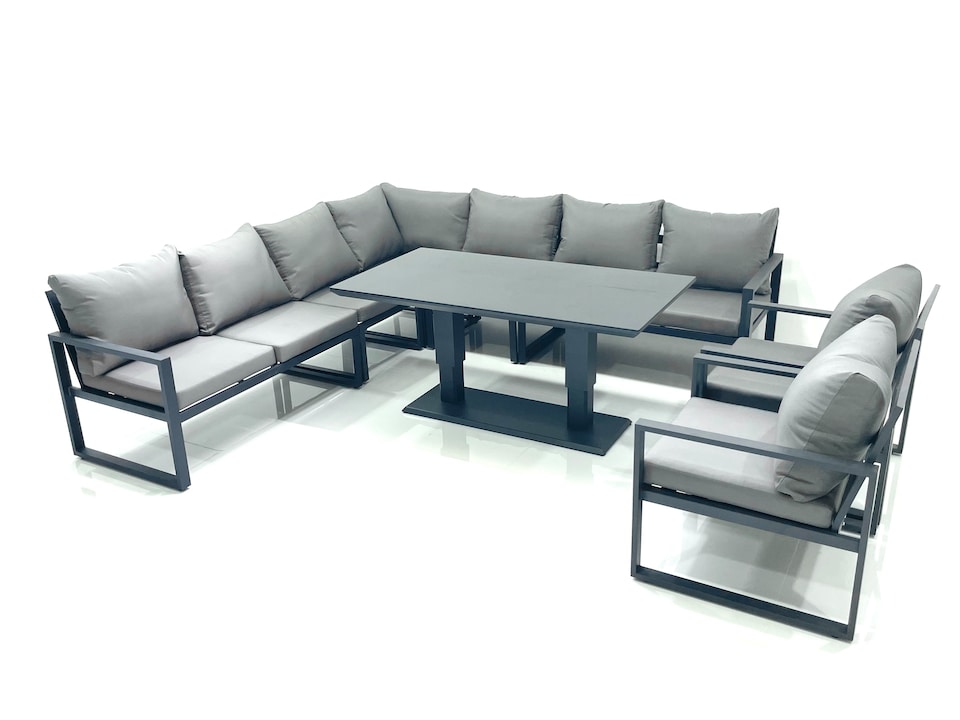 image 1 of Fimous 9 Seater Outdoor Aluminum Garden Furniture Set Corner Sofa 2 Chairs Adjustable Rising Lifting Dining Table Sets Dark Grey