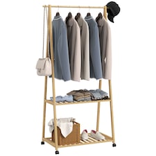 HOMCOM Bamboo Clothes Rail Rack with 2 Storage Shelves and 2 Hooks, Freestanding Open Wardrobe Coat Stand with Wheels for Entryway, Bedroom, Natural Wood Effect