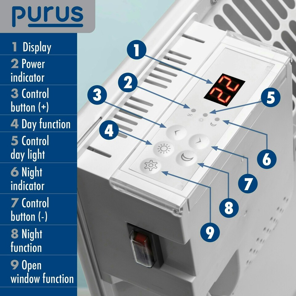 image 1 of Purus 1200W Electric Panel Heater Wall Mounted White Radiator