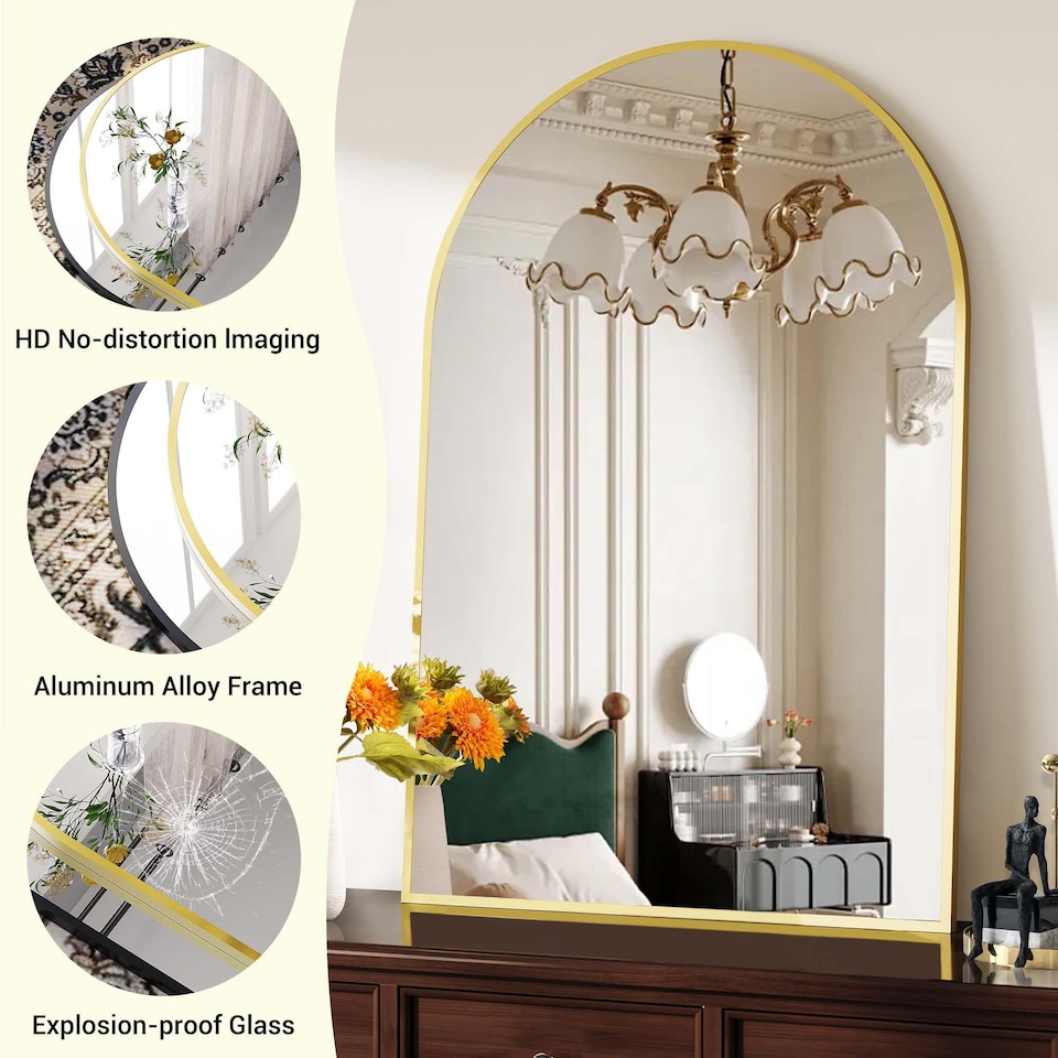 image 1 of London Boutique Gold Arched Wall Mirror Framed Bathroom Mirror 90 x 60 cm, 1 Piece