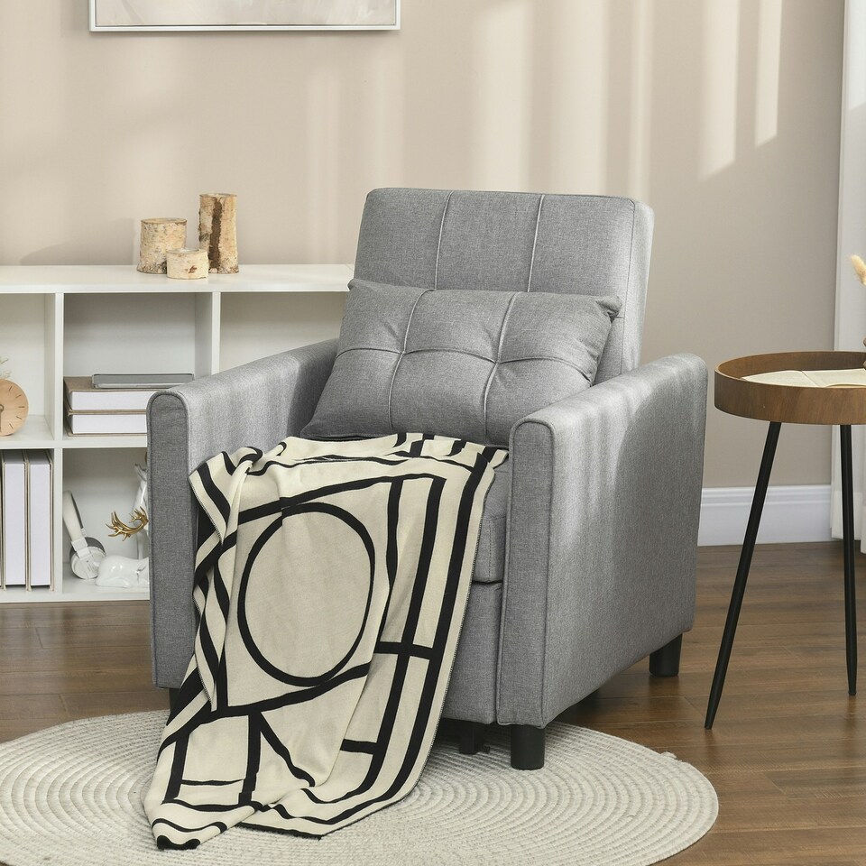 image 1 of HOMCOM Pull Out Chair Bed, Sleeper Chair with Pillow Light Grey