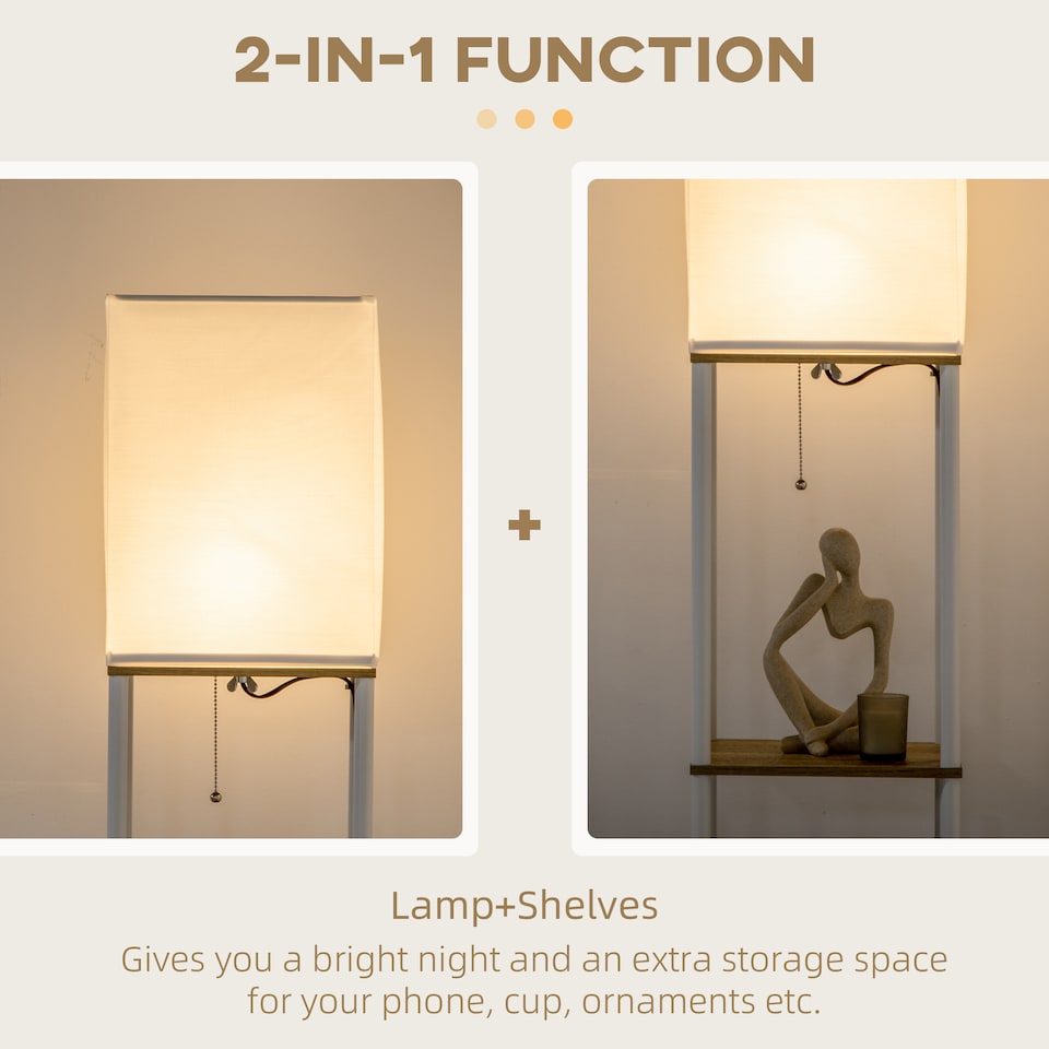 image 1 of HOMCOM Modern Floor Lamp with Shelves, 3 Layer Shelf Tall Standing Lamp with Fabric Lampshade, Pull Chain Switch for Living Room, Bedroom, Bulb not Included, White