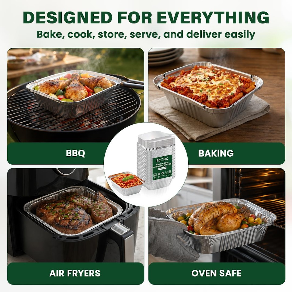 image 1 of ECONX No.2 Aluminium Disposable Foil Food Container With Lids Reusable Takeaway Containers 100PC