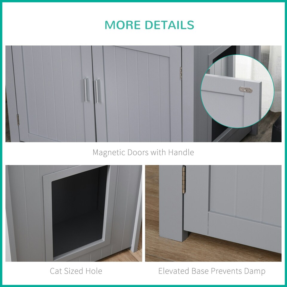 image 1 of PawHut Wood Cat Litter Box Enclosure Furniture w/ Adjustable Interior Wall Grey