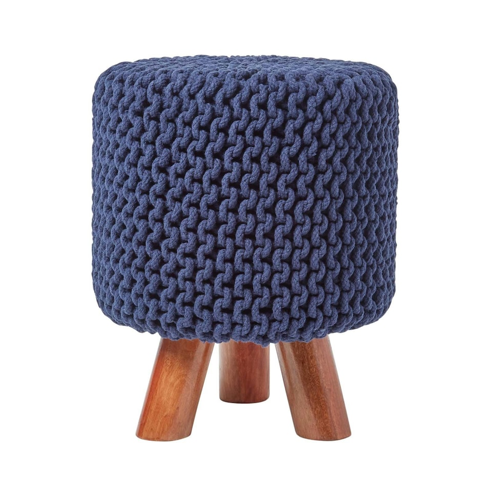 image 1 of Homescapes Navy Tall Cotton Knitted Footstool on Legs