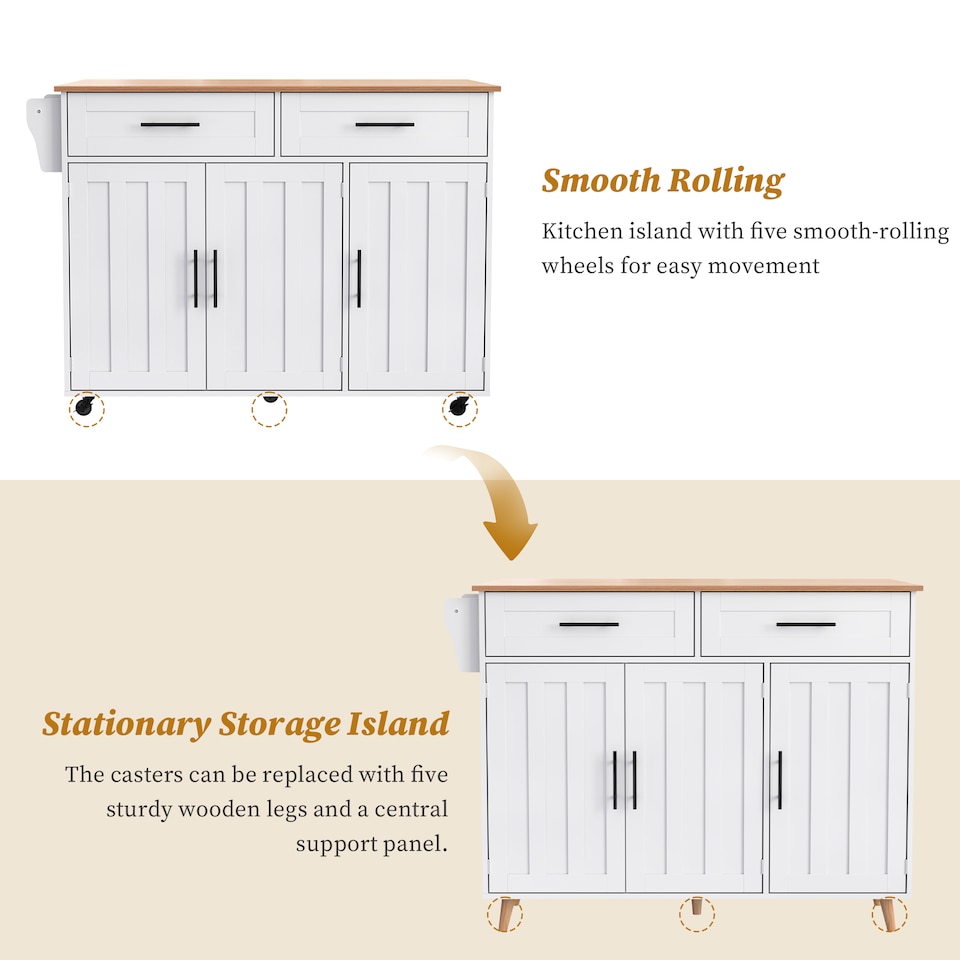 image 1 of VILUXE Mobile Kitchen Island with Foldable Worktop, 2 Drawers, Adjustable Shelves, Towel Rail, Wheels and Solid Wood Feet, White and Natural