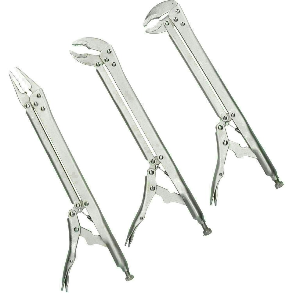 image 1 of 3pc 15" Extra Long Nose Locking Pliers Mole Grips Straight 45 + 90 Degree Bend