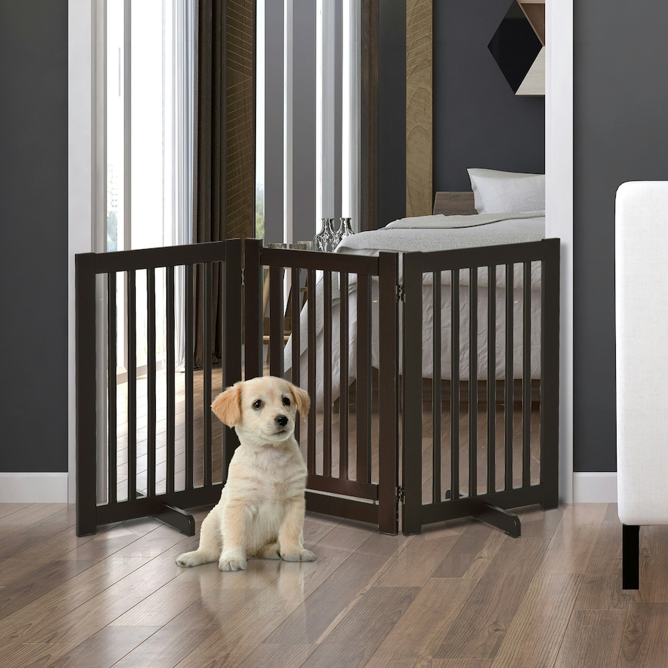 image 1 of PawHut 155cm Expandable 3-Panel Freestanding Dog Pet Gate w/ Latched Door Brown