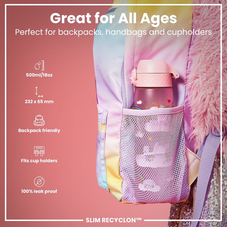 image 1 of Leak Proof Slim Water Bottle, BPA Free, 500ml (18oz) | Pink | Unicorn Rainbows | One Size